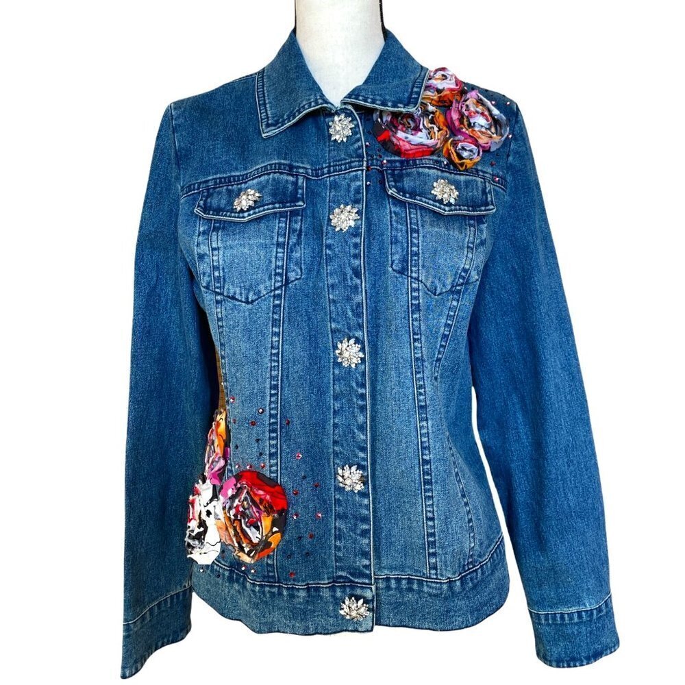 Vintage 90s‎ embellished bejeweled adorned floral fabric & rhinestone buttons M